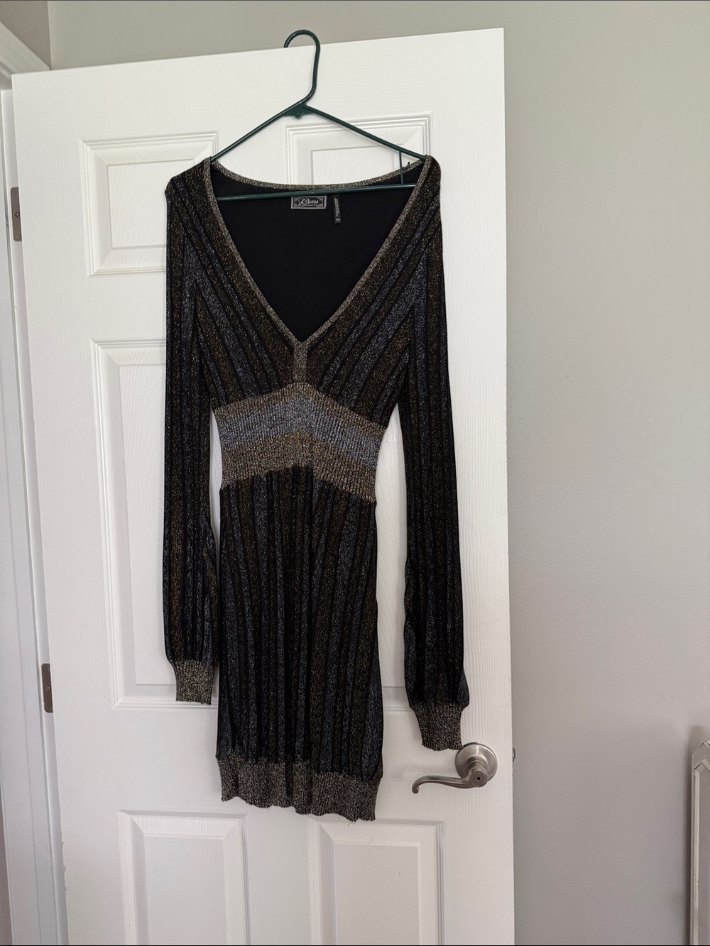 Guess Black and Gold V-Neck Long Sleeve Knit Dress